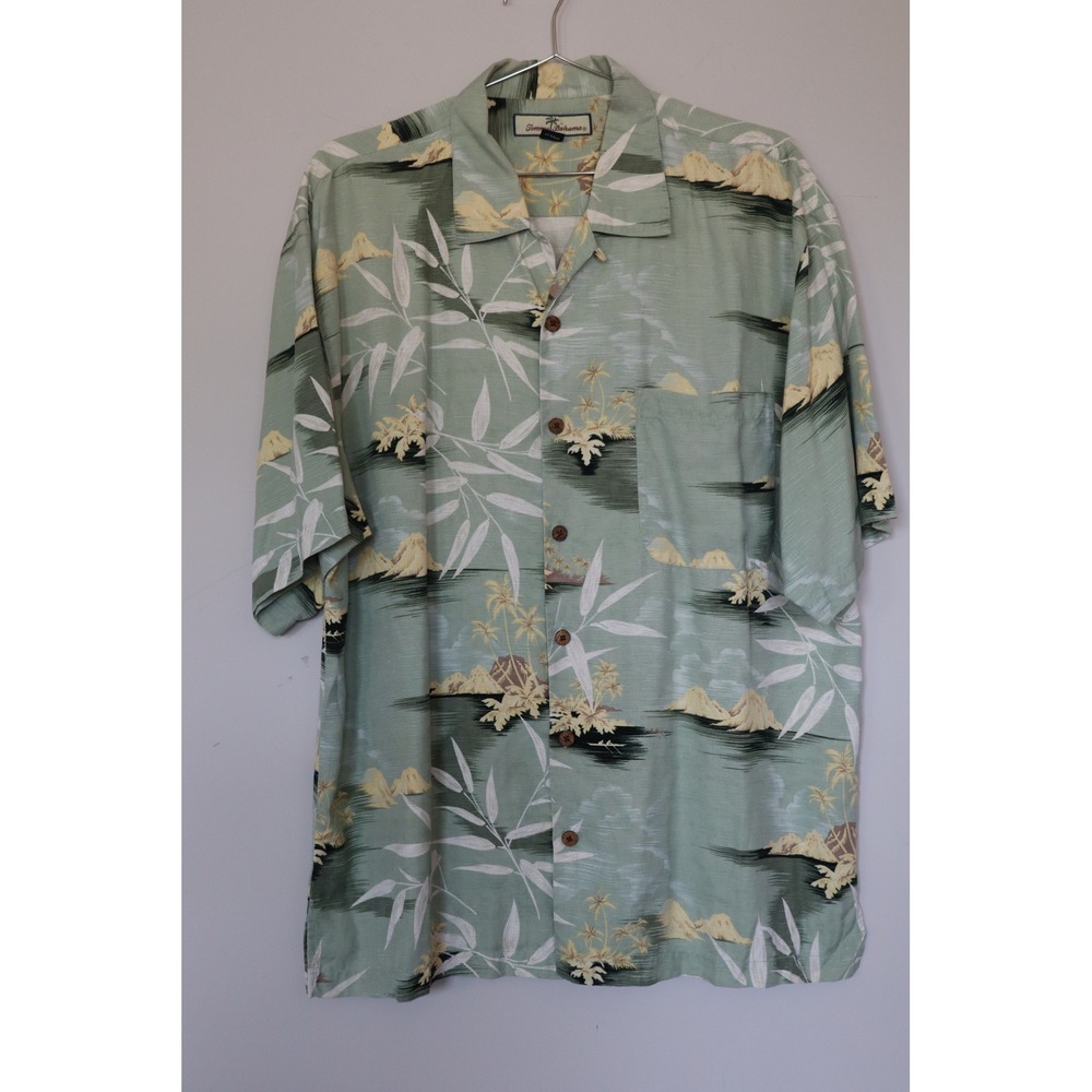 Tommy‎ Bahama Mens Large Silk Camp Shirt Sage Green Tropical Island Palm Tree L